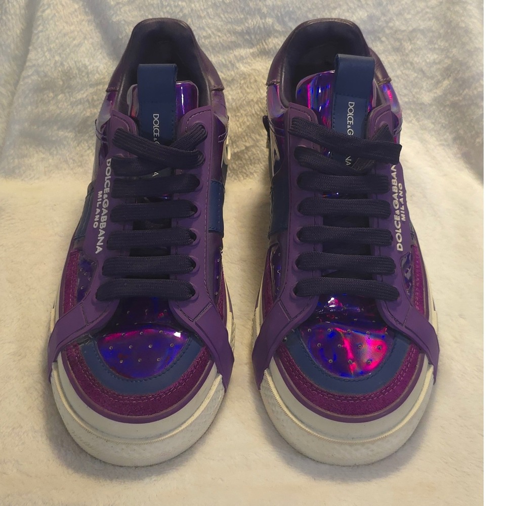 Dolce & Gabbana Portofino Purple Iridescent Metallic Logo Sneakers CK1886 38 8